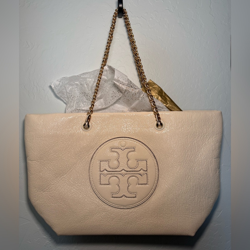 Tory Burch Cream Tote with Gold Chain
